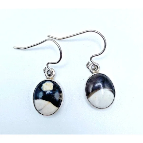 Sterling Silver Jasper Earrings Black White Dangle 1" - Picture 2 of 8